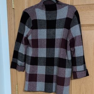 Plaid Mock Neck Women's Sweater in Gray and Plum. TAHARI